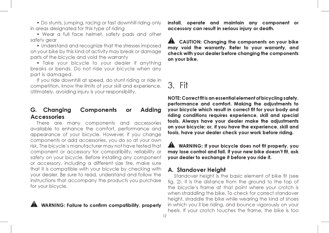 Diamondback 7th Edition manual Fit, Changing Components or Adding Accessories, Standover Height 