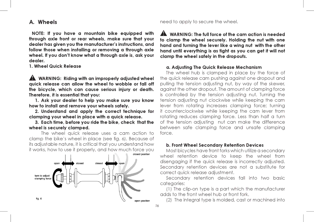 Diamondback 7th Edition manual Wheels, Adjusting The Quick Release Mechanism, Front Wheel Secondary Retention Devices 