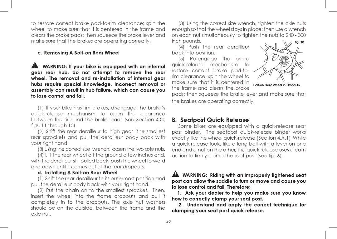 Diamondback 7th Edition manual Seatpost Quick Release, Removing a Bolt-on Rear Wheel, Installing a Bolt-on Rear Wheel 