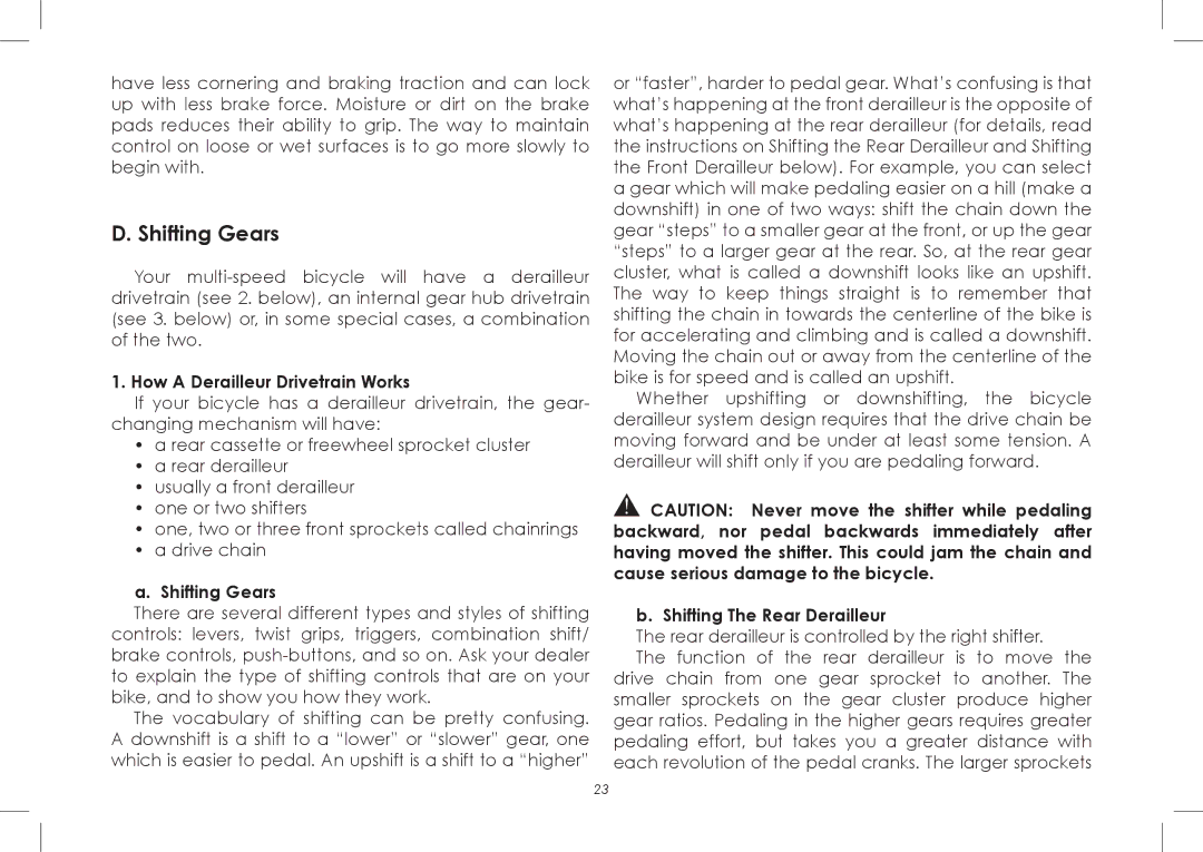 Diamondback 7th Edition manual Shifting Gears, How a Derailleur Drivetrain Works, Shifting The Rear Derailleur 