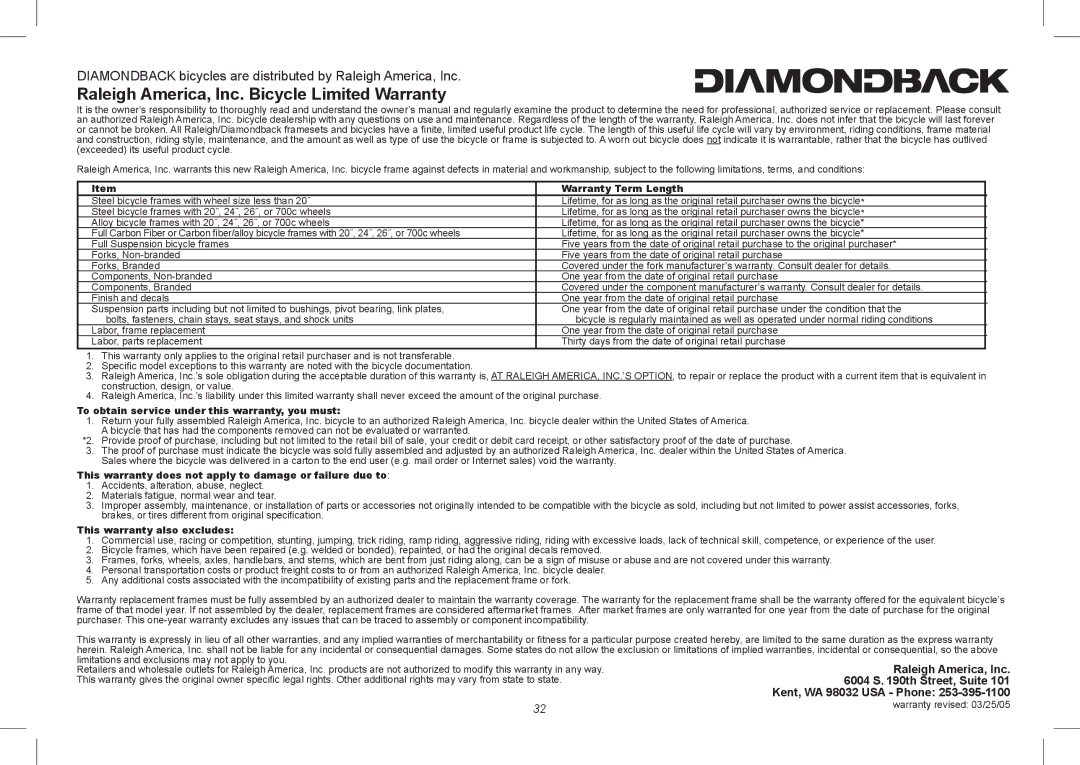 Diamondback 7th Edition manual Raleigh America, Inc. Bicycle Limited Warranty 