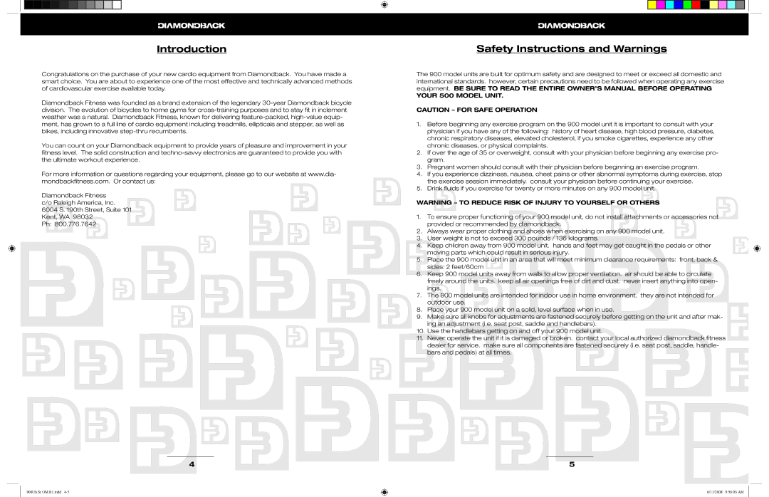 Diamondback 900Ub, 900Sr manual Introduction, Safety Instructions and Warnings 