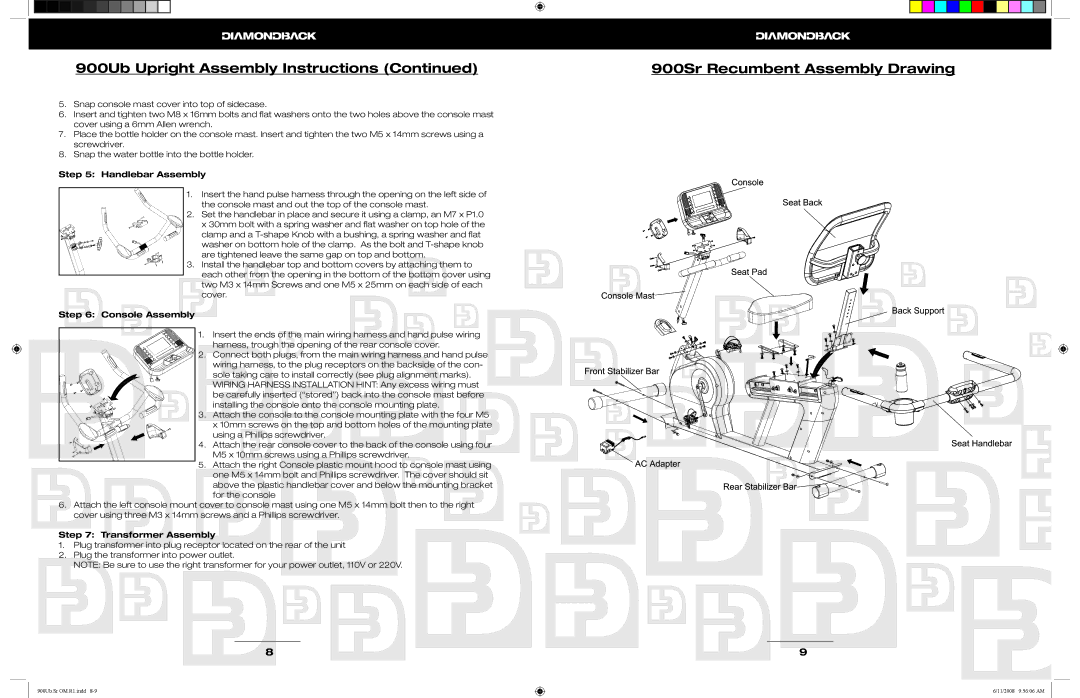 Diamondback 900Ub manual 900Sr Recumbent Assembly Drawing, Handlebar Assembly, Console Assembly, Transformer Assembly 