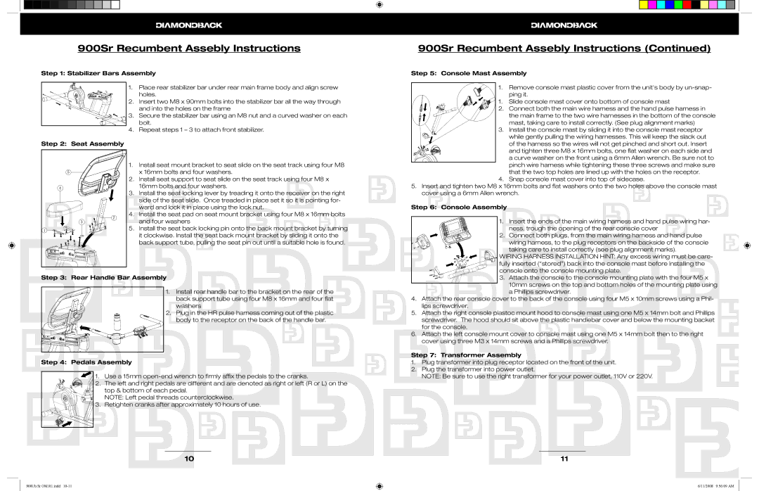 Diamondback 900Ub manual 900Sr Recumbent Assebly Instructions, Seat Assembly, Rear Handle Bar Assembly, Pedals Assembly 