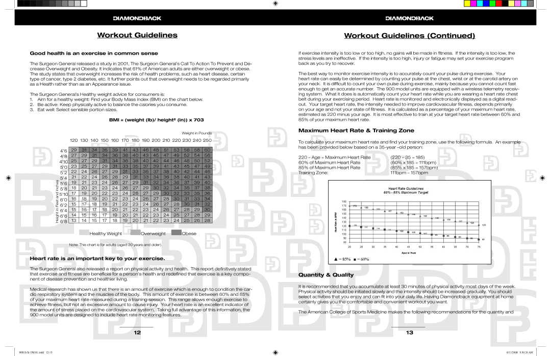 Diamondback 900Ub, 900Sr manual Workout Guidelines, Maximum Heart Rate & Training Zone, Quantity & Quality 