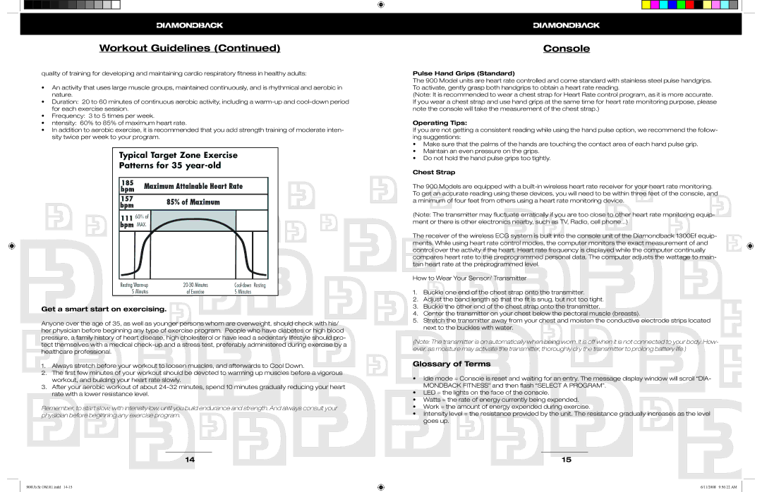 Diamondback 900Sr, 900Ub manual Console, Glossary of Terms, Pulse Hand Grips Standard, Operating Tips, Chest Strap 