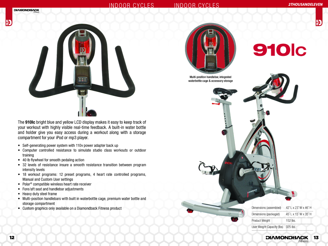 Diamondback 910IC manual 910Ic, Indoor Cycles, 2thousandeleven 