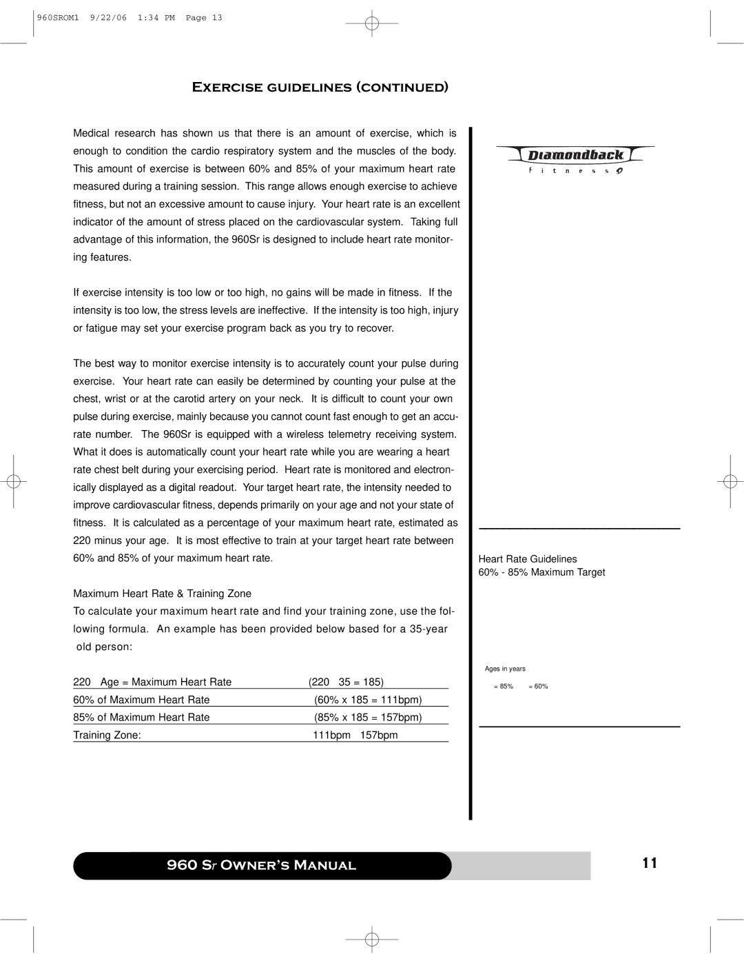 Diamondback 960 manual Maximum Heart Rate & Training Zone 