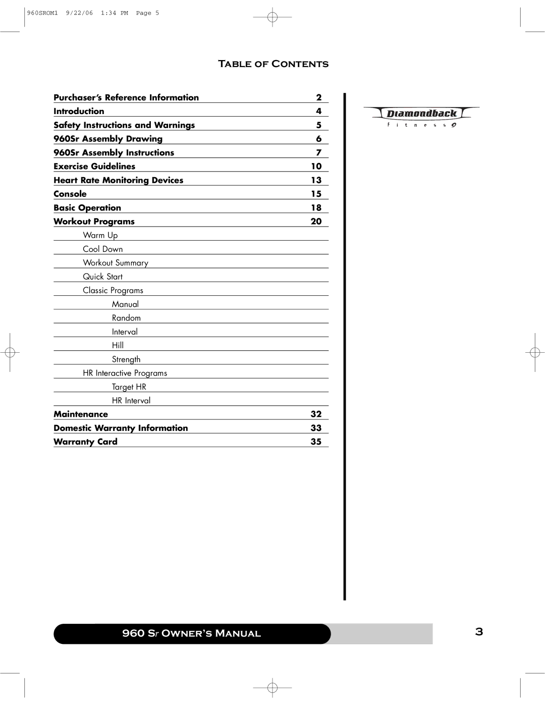 Diamondback 960 manual Table of Contents 