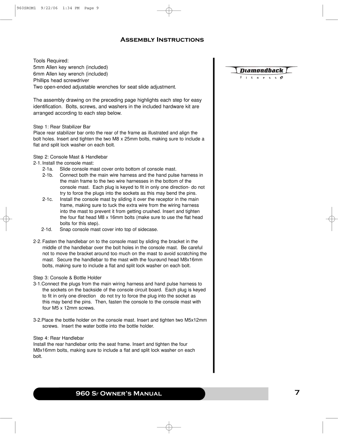 Diamondback 960 manual Assembly Instructions 