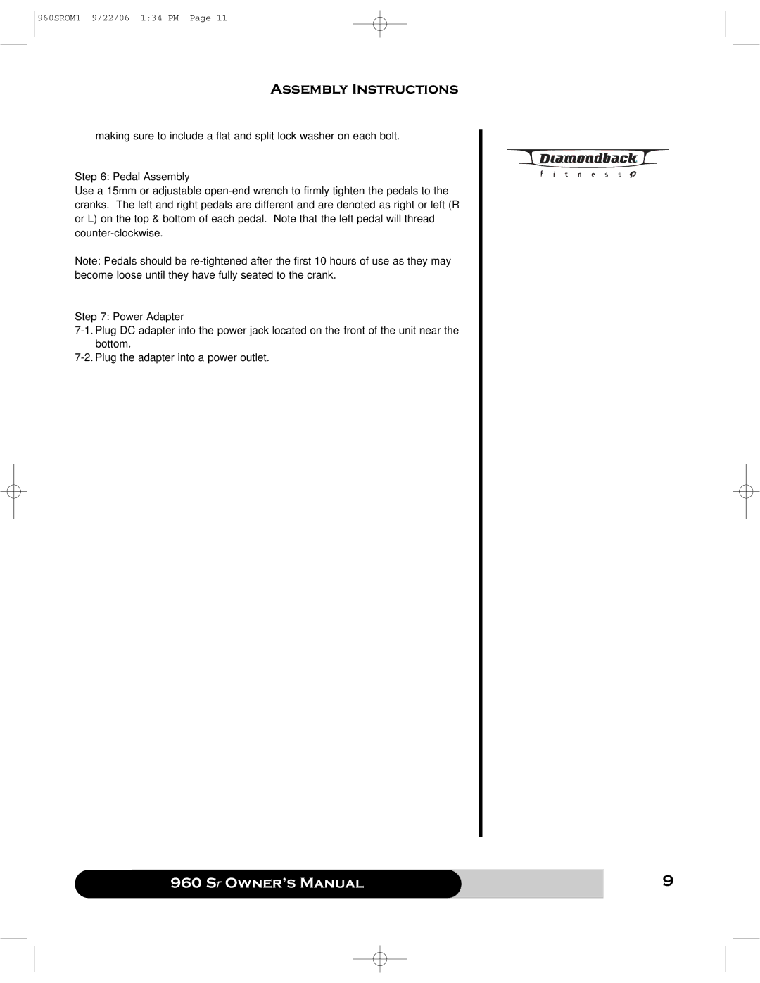 Diamondback 960 manual Pedal Assembly, Power Adapter 