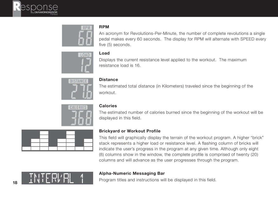 Diamondback PM4360 manual Load, Distance, Calories, Brickyard or Workout Profile, Alpha-Numeric Messaging Bar 