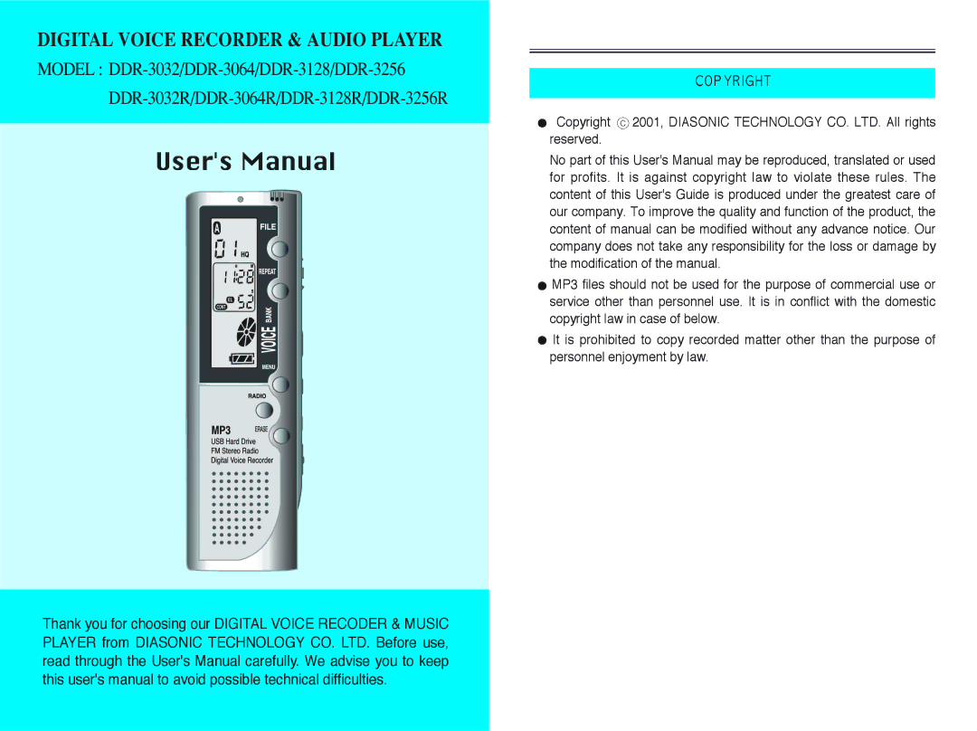 Diasonic Tech DDR-3256R, DDR-3128R, DDR-3032R, DDR-3064R user manual Digital Voice Recorder & Audio Player 