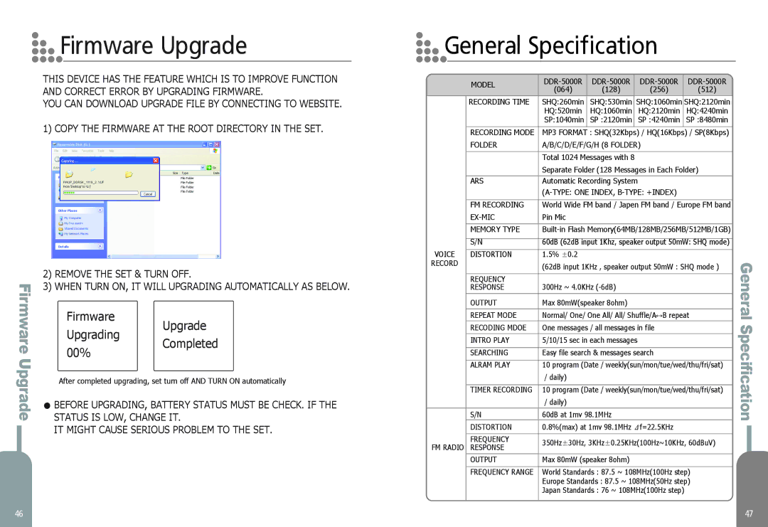 Diasonic Tech DDR-5000 manual Firmware Upgrade, General Specification 