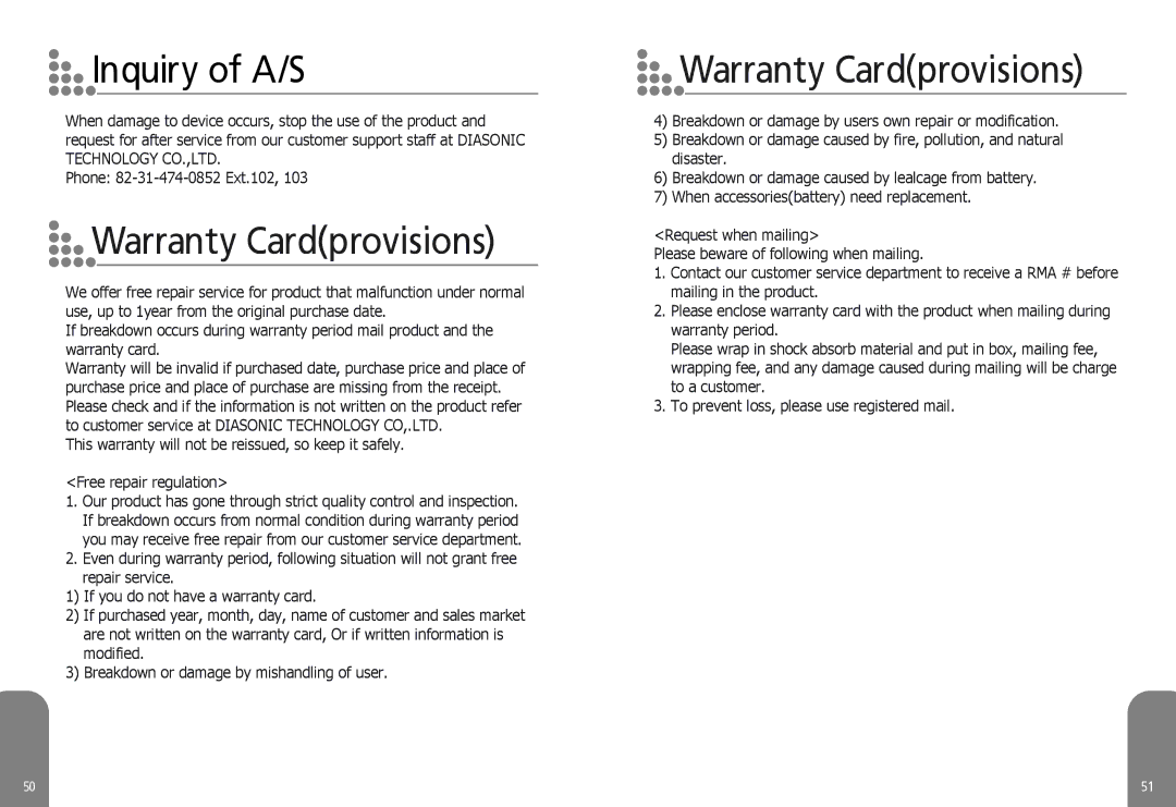 Diasonic Tech DDR-5000 manual Inquiry of A/S, Warranty Cardprovisions 