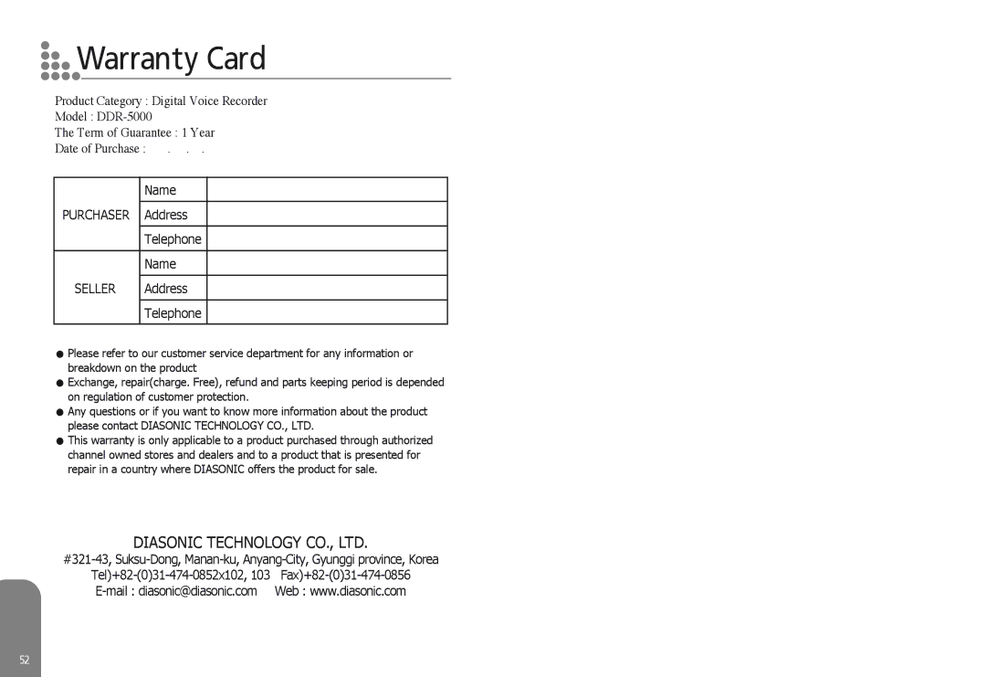 Diasonic Tech DDR-5000 manual Warranty Card 