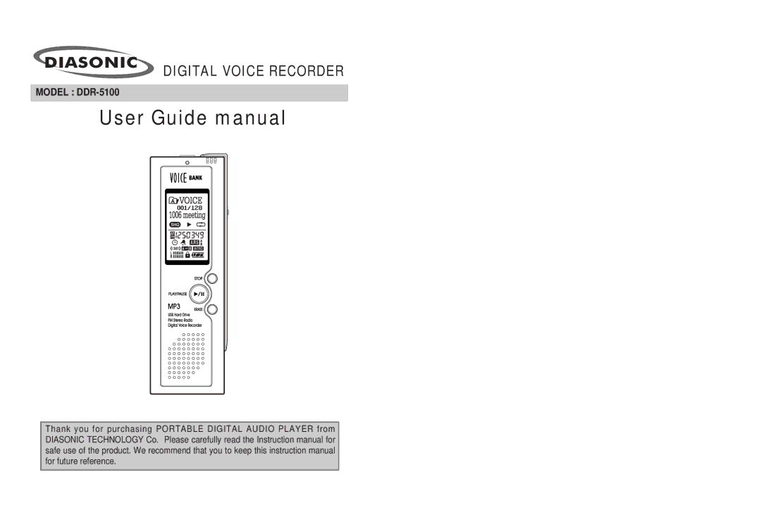 Diasonic Tech instruction manual User Guide manual, Model DDR-5100 