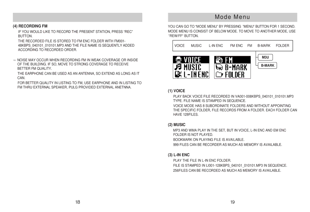 Diasonic Tech DDR-5100 instruction manual Mode Menu, Recording FM, Voice, Music, Enc 