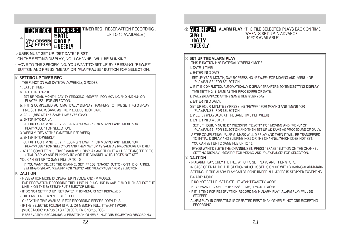 Diasonic Tech DDR-5100 instruction manual ※ Setting UP Timer REC, ※ Caution, ※ SET UP the Alarm Play 