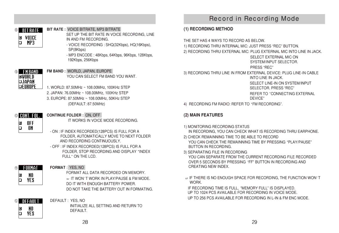 Diasonic Tech DDR-5100 Record in Recording Mode, Recording Method, Main Features, Continue Folder ON, OFF, Format YES, no 