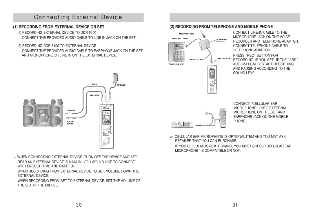 Diasonic Tech DDR-5100 instruction manual Connecting External Device, Recording from External Device or SET 