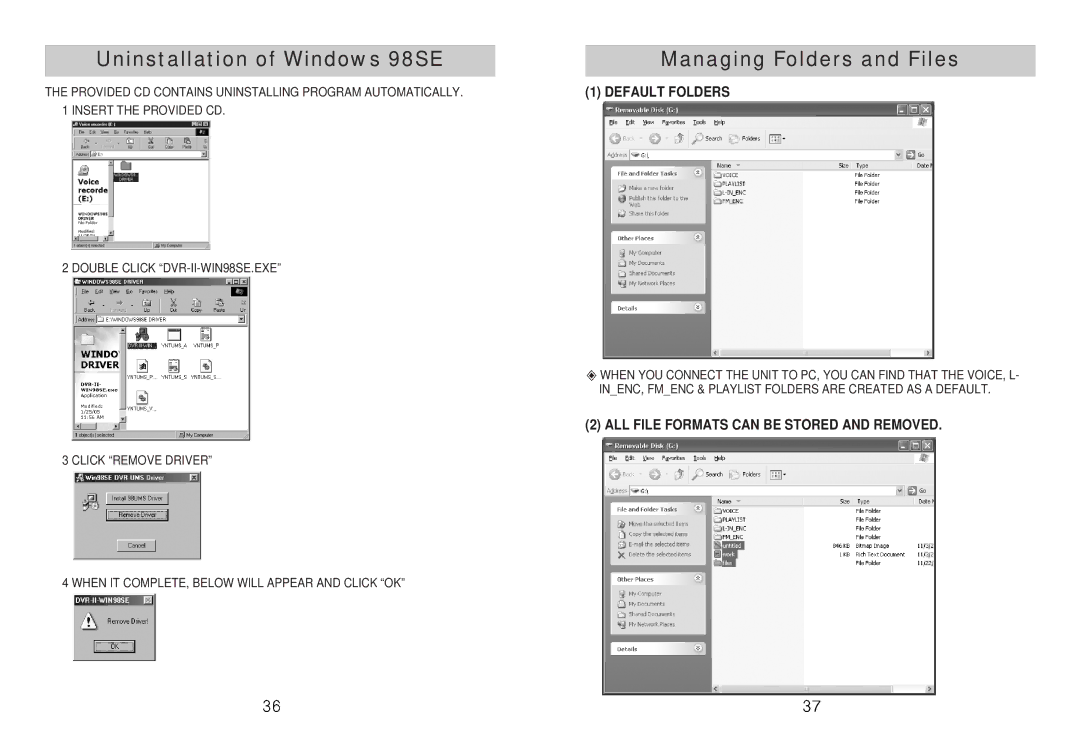 Diasonic Tech DDR-5100 instruction manual Uninstallation of Windows 98SE Managing Folders and Files, Default Folders 