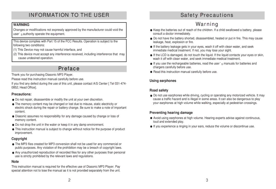 Diasonic Tech DDR-5100 Safety Precautions, Copyright, Using earphones Road safety, Preventing hearing damage 