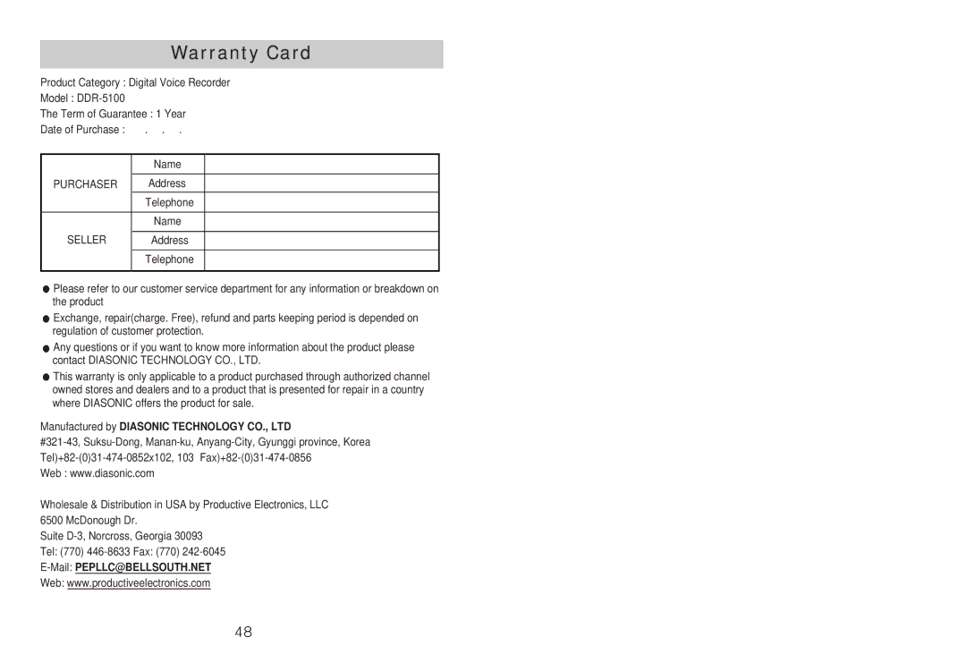 Diasonic Tech DDR-5100 instruction manual Warranty Card 