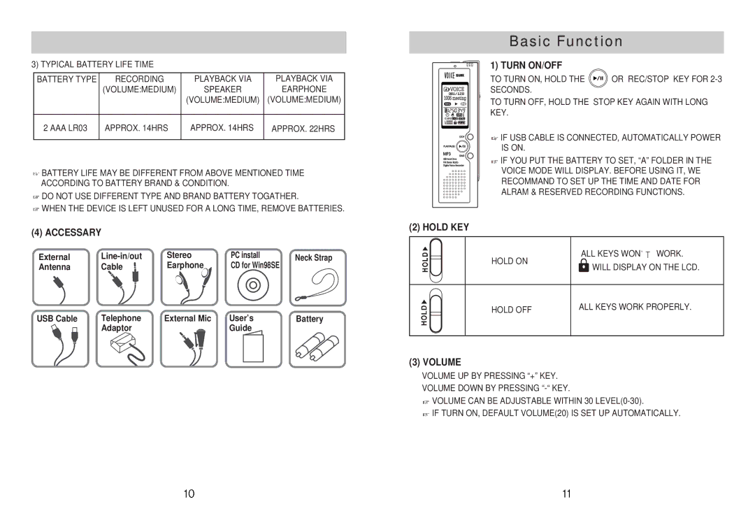 Diasonic Tech DDR-5100 instruction manual Basic Function, Accessary, Turn ON/OFF, Hold KEY, Volume 