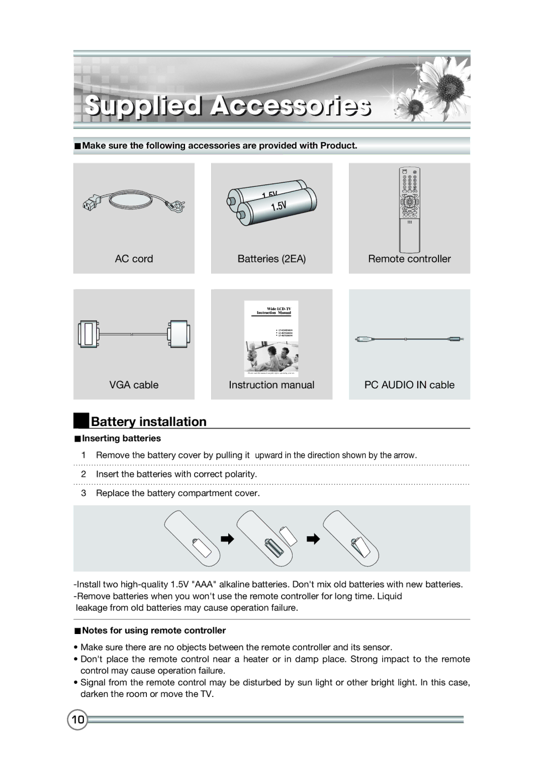 DiBoss LT-40H6MVH Supplied Accessories, Battery installation, UInserting batteries, UNotes for using remote controller 