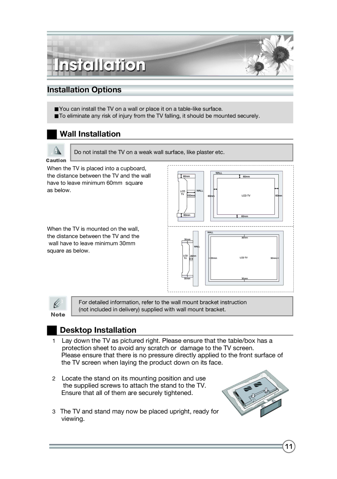 DiBoss LT-40T6MVH, LT-40H6MVH manual Installation Options, Wall Installation, Desktop Installation 