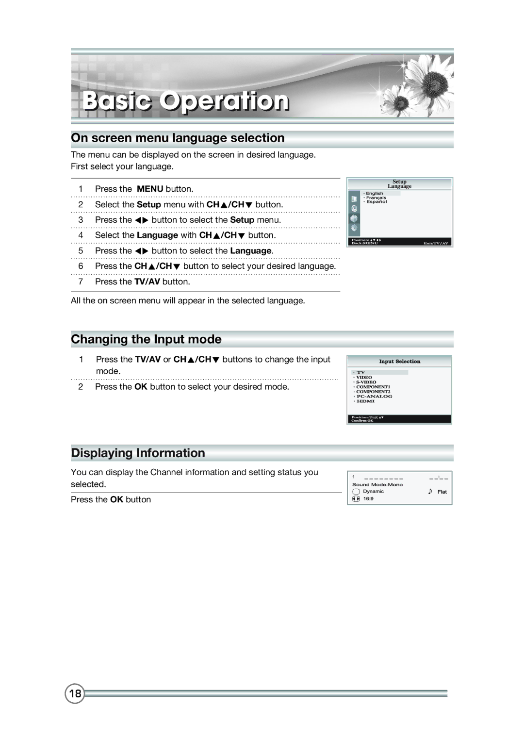 DiBoss LT-40H6MVH, LT-40T6MVH manual On screen menu language selection, Changing the Input mode, Displaying Information 