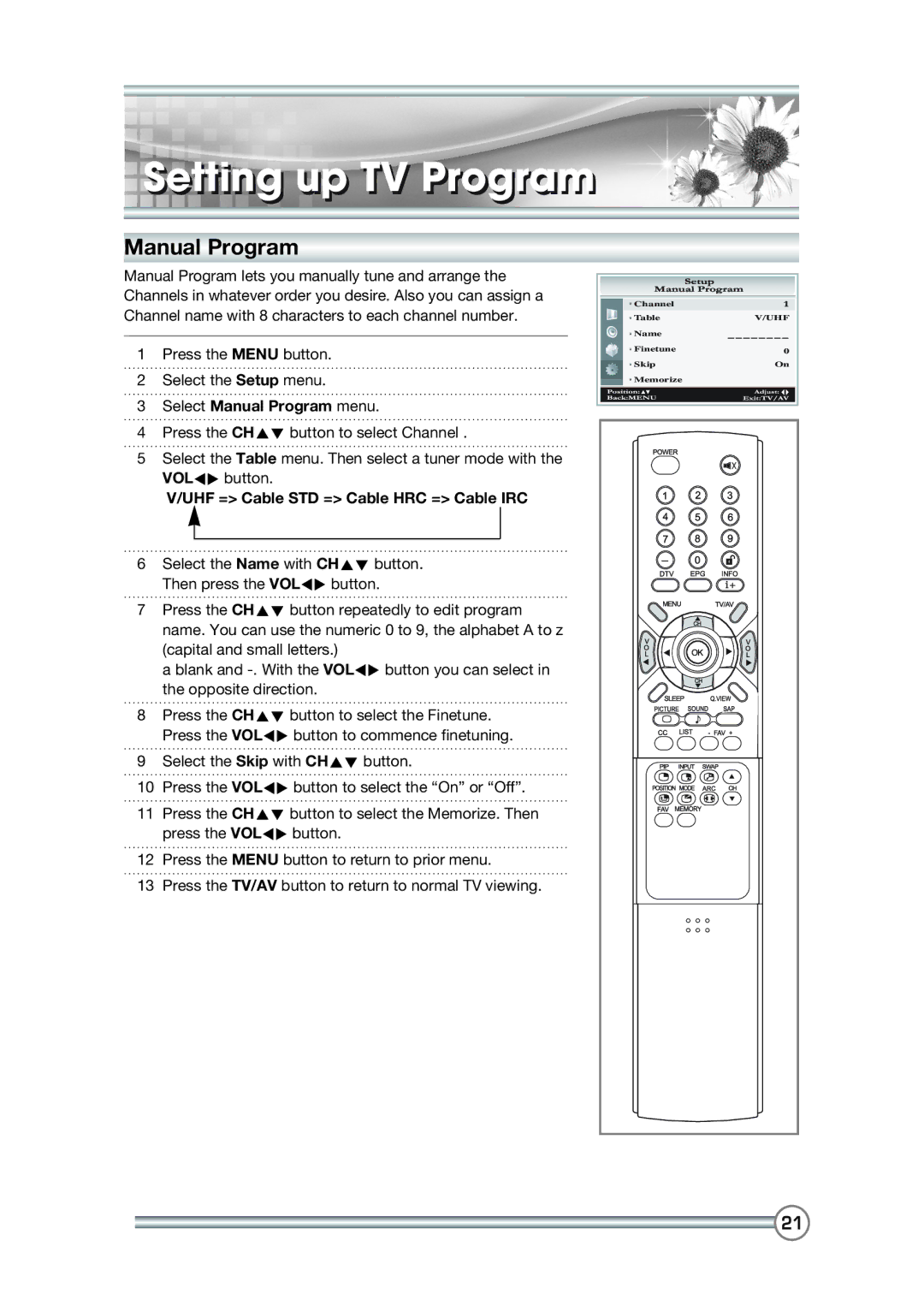 DiBoss LT-40T6MVH, LT-40H6MVH manual Select Manual Program menu 