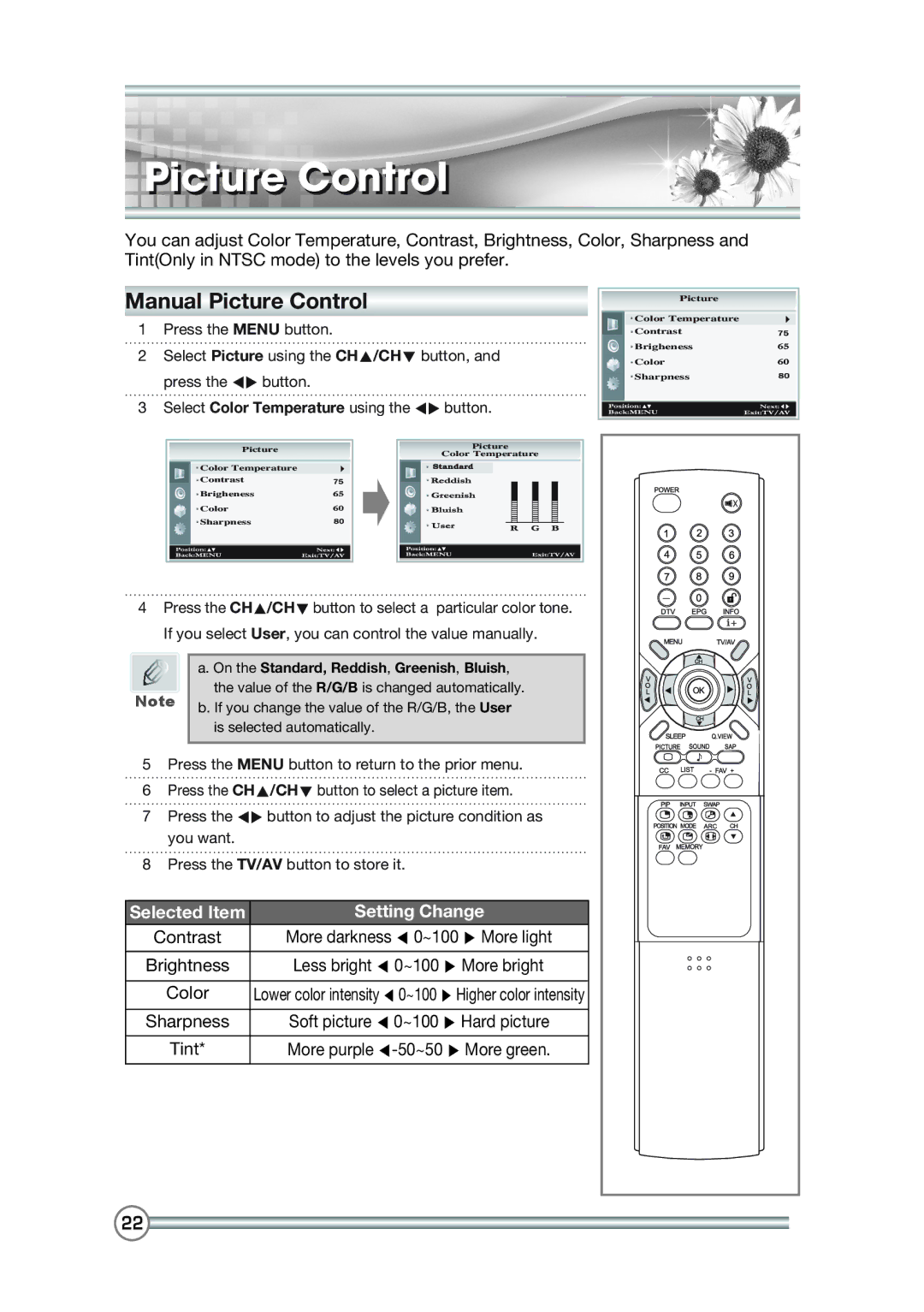 DiBoss LT-40H6MVH, LT-40T6MVH manual Manual Picture Control, On the Standard, Reddish, Greenish, Bluish 