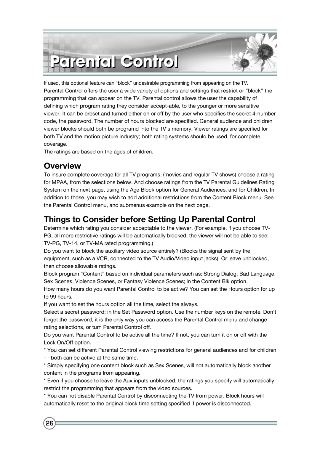 DiBoss LT-40H6MVH, LT-40T6MVH manual Parental Control, Overview 