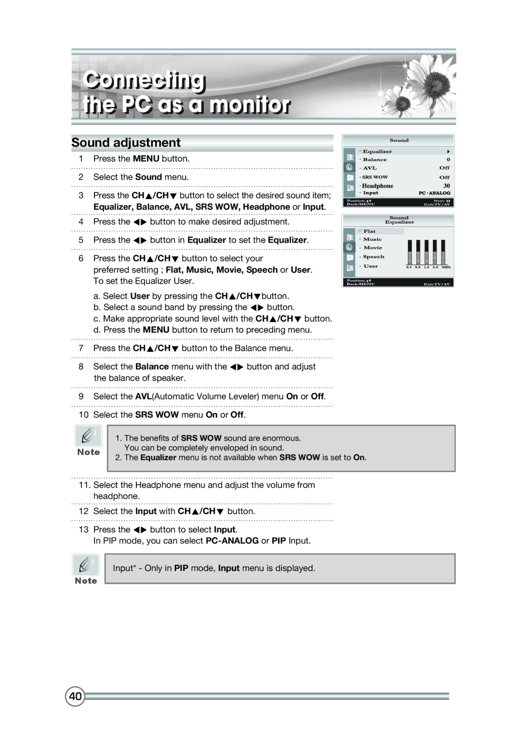 DiBoss LT-40H6MVH, LT-40T6MVH manual Sound adjustment 