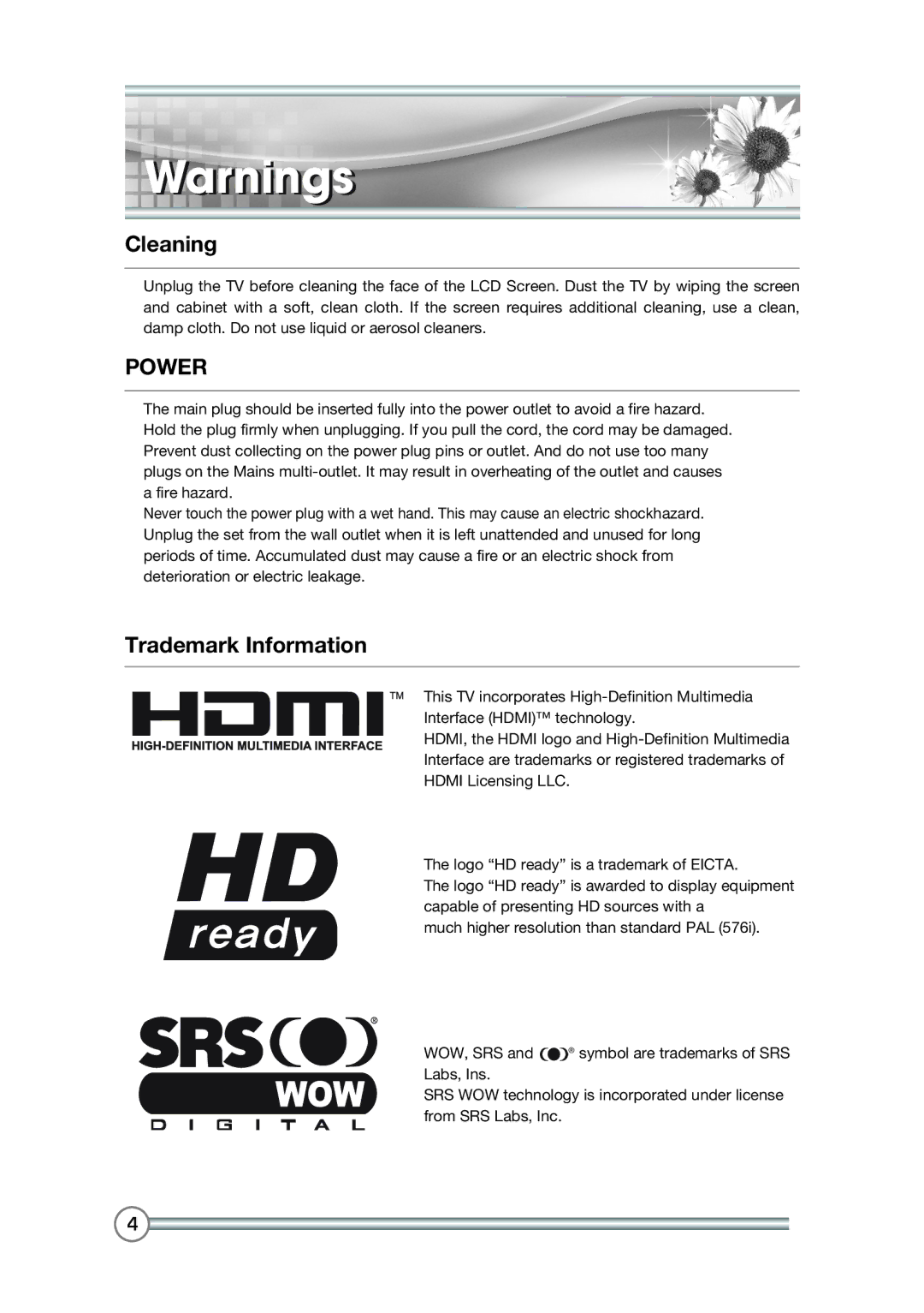 DiBoss LT-40H6MVH, LT-40T6MVH manual Cleaning, Power, Trademark Information 