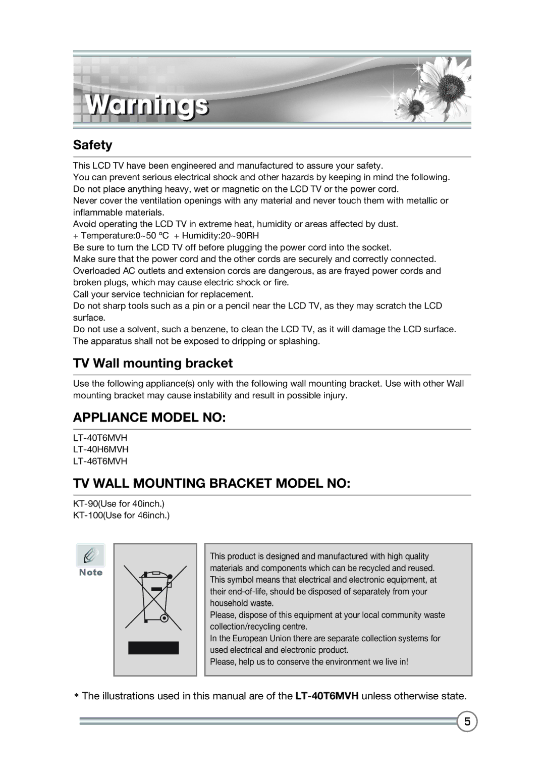 DiBoss LT-40T6MVH, LT-40H6MVH manual Safety, TV Wall mounting bracket, Appliance Model no, TV Wall Mounting Bracket Model no 