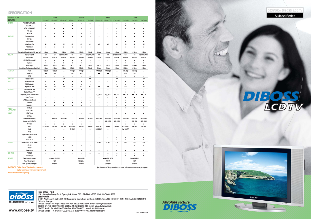 DiBoss S Model manual Specification, SModelSeries, 2005/2006 DIBOSS LCDTV, Size / Tool, 15S5, 20S5, 26S5, 32S5 