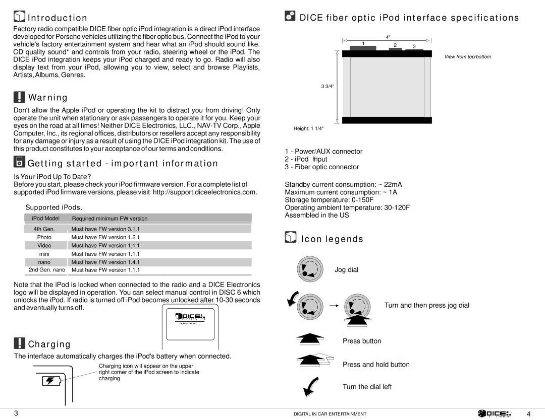 Dice electronic HDL 2201 manual Introduction Dice fiber optic iPod interface specifications, Icon legends, Charging 