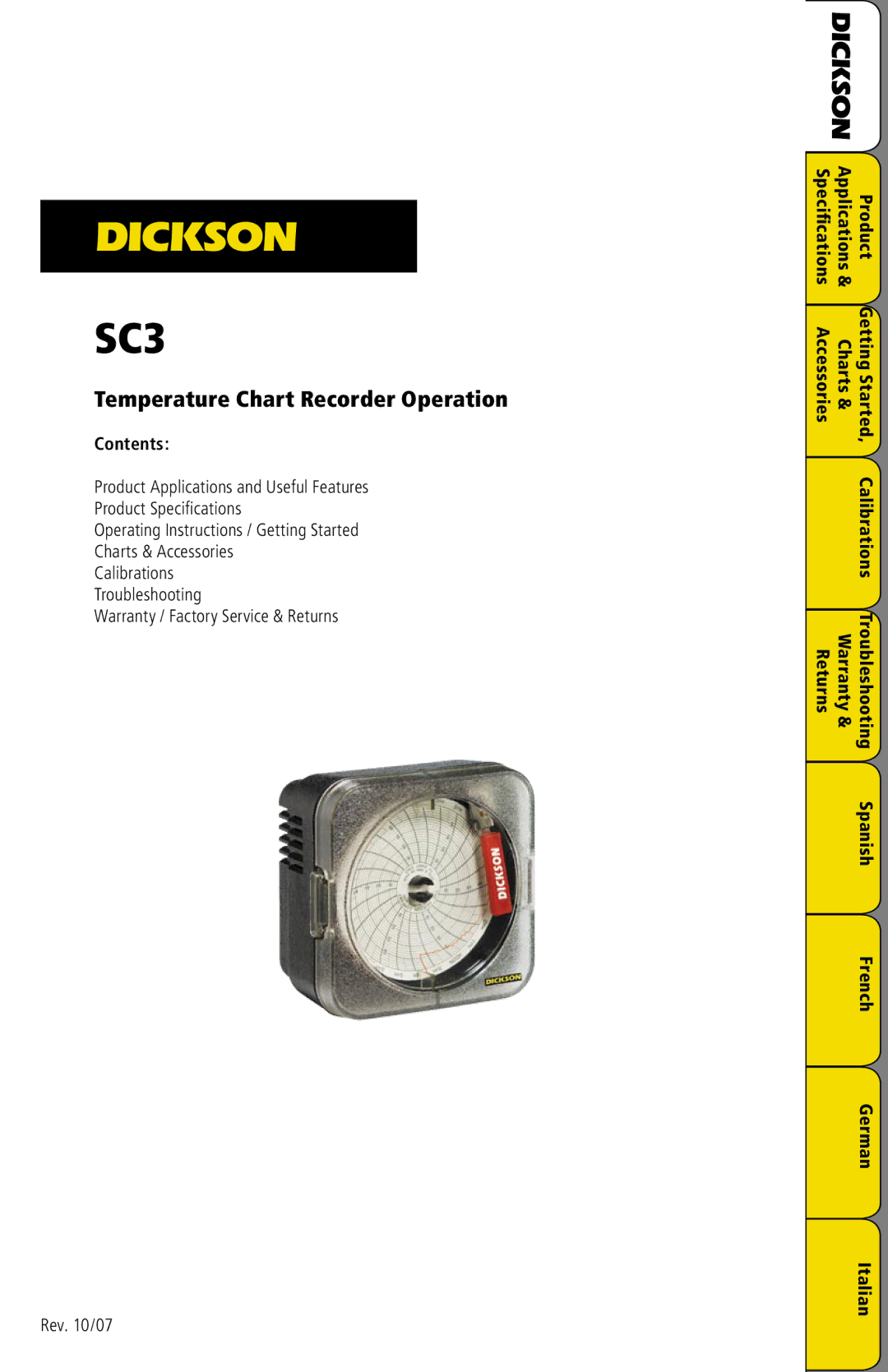 Dickson Industrial SC3 manual Contents, Product, Charts, Returns Warranty, Spanish, French German Italian 