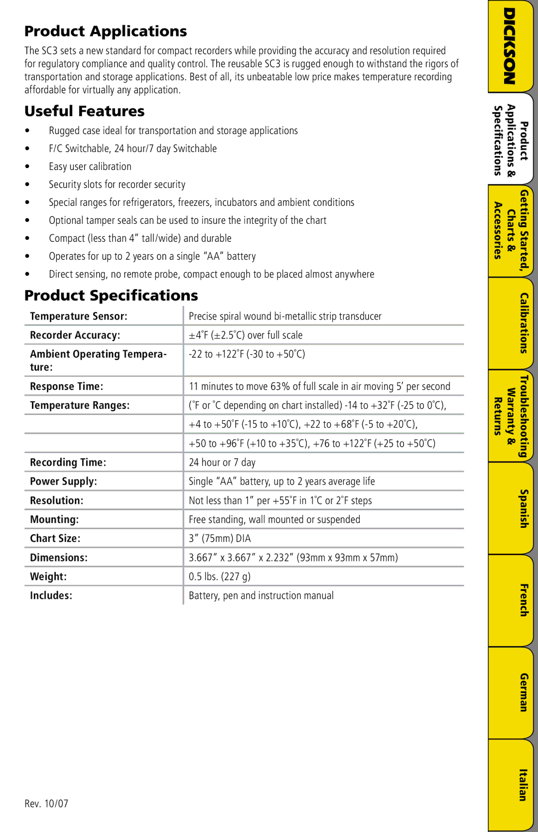 Dickson Industrial SC3 manual Product Applications, Useful Features, Product Specifications 