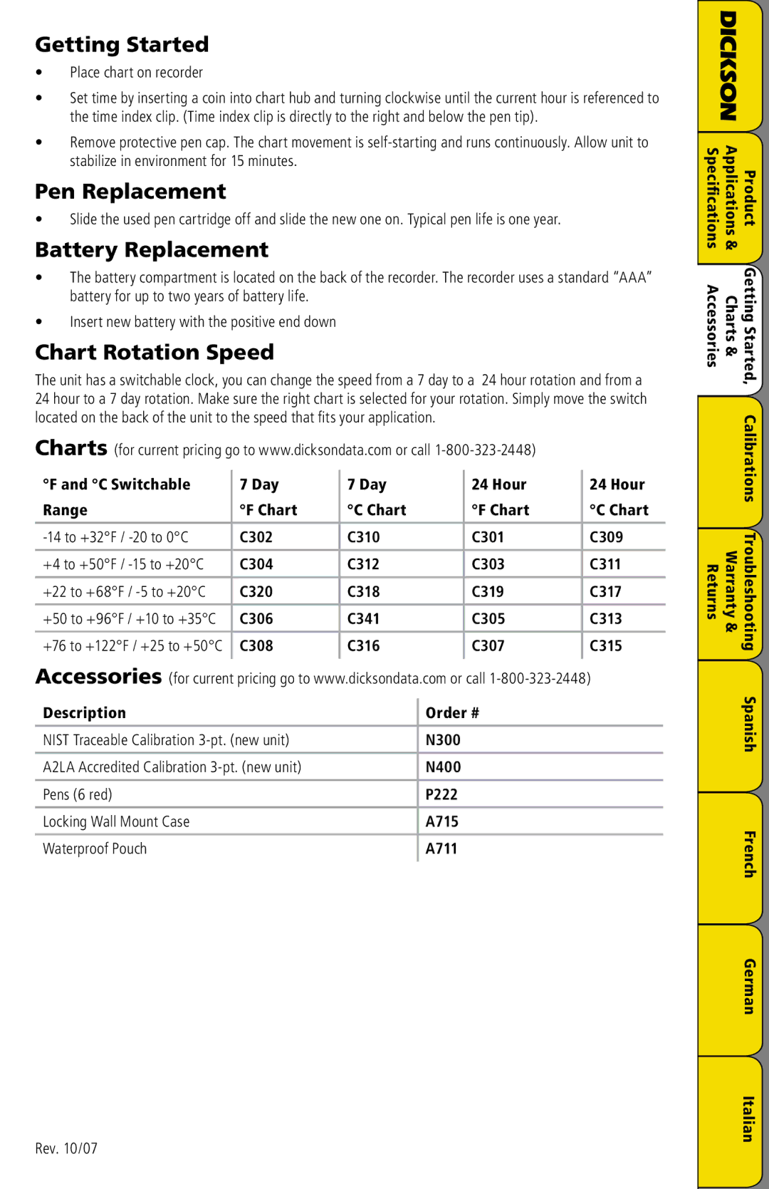 Dickson Industrial SC3 manual Getting Started, Pen Replacement, Battery Replacement, Chart Rotation Speed 