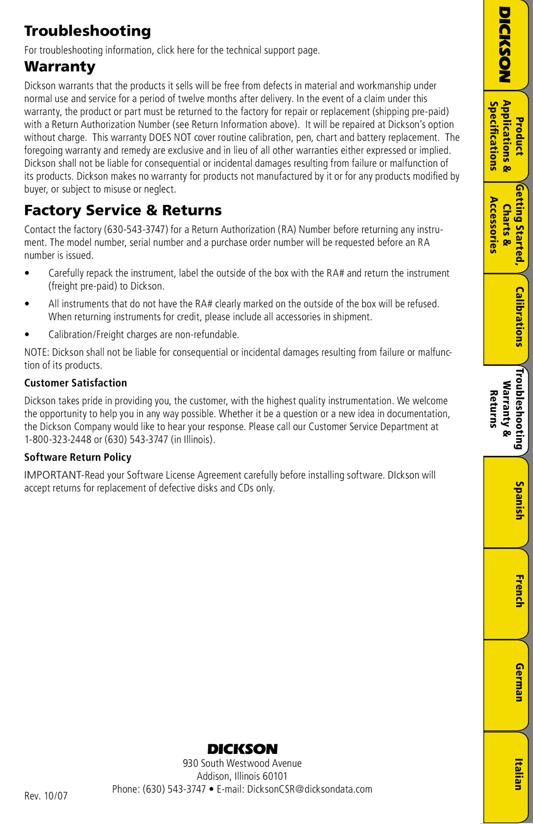 Dickson Industrial SC3 Troubleshooting, Warranty, Factory Service & Returns, Customer Satisfaction, Software Return Policy 