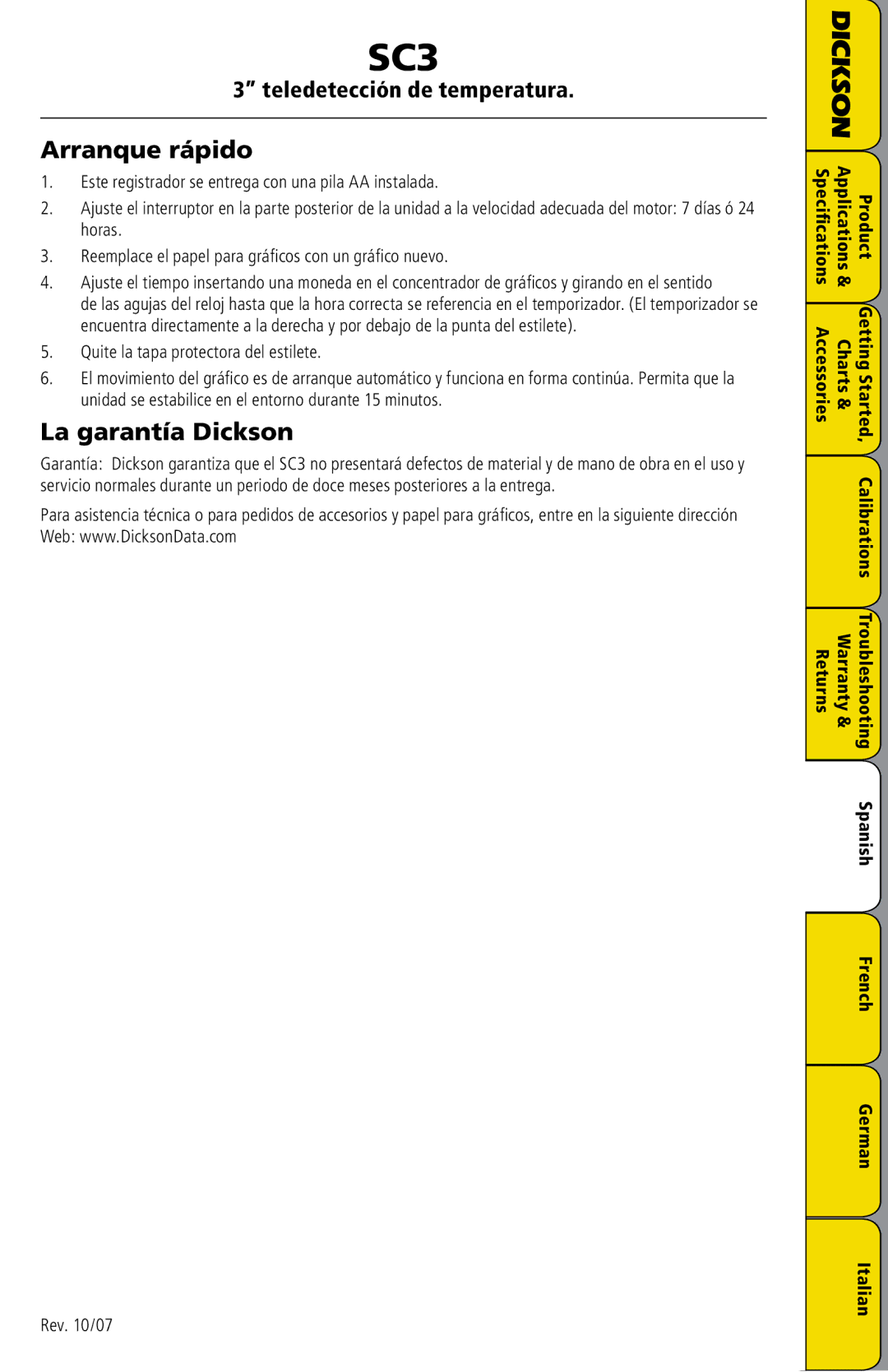 Dickson Industrial SC3 manual Arranque rápido, La garantía Dickson 