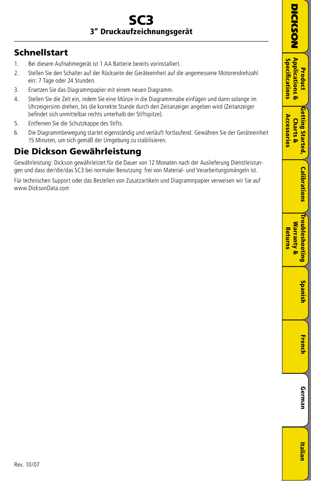 Dickson Industrial SC3 manual Schnellstart, Die Dickson Gewährleistung 