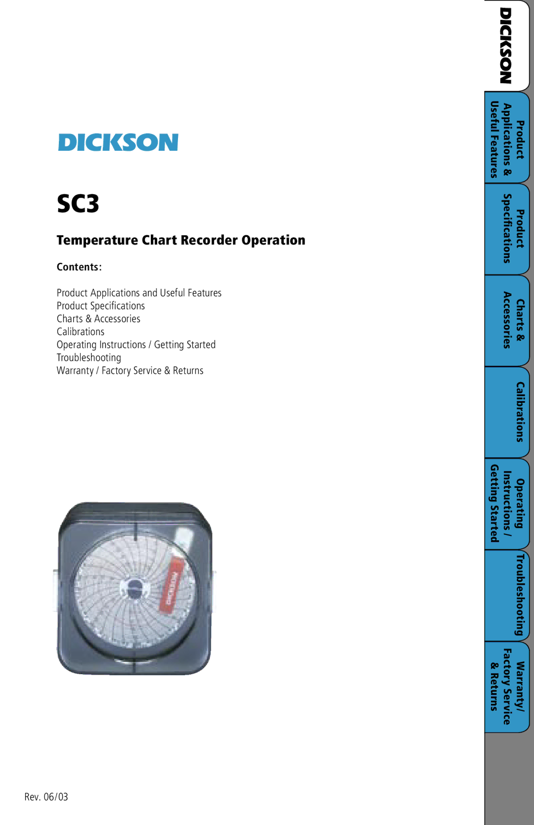 Dickson Industrial SC3 manual Contents, Product, Charts, Operating, Returns Factory Service Warranty 