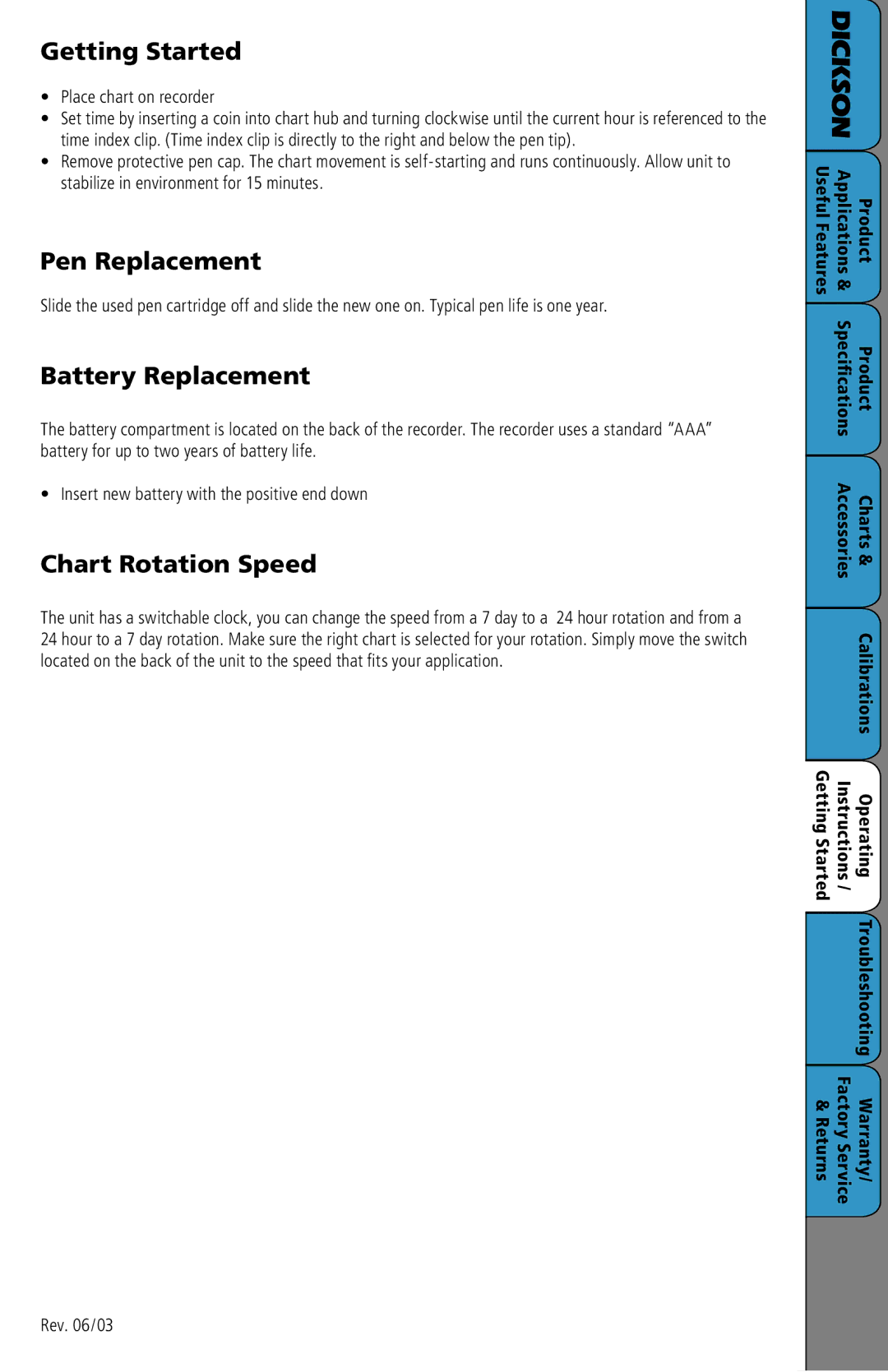 Dickson Industrial SC3 manual Getting Started, Pen Replacement, Battery Replacement, Chart Rotation Speed 