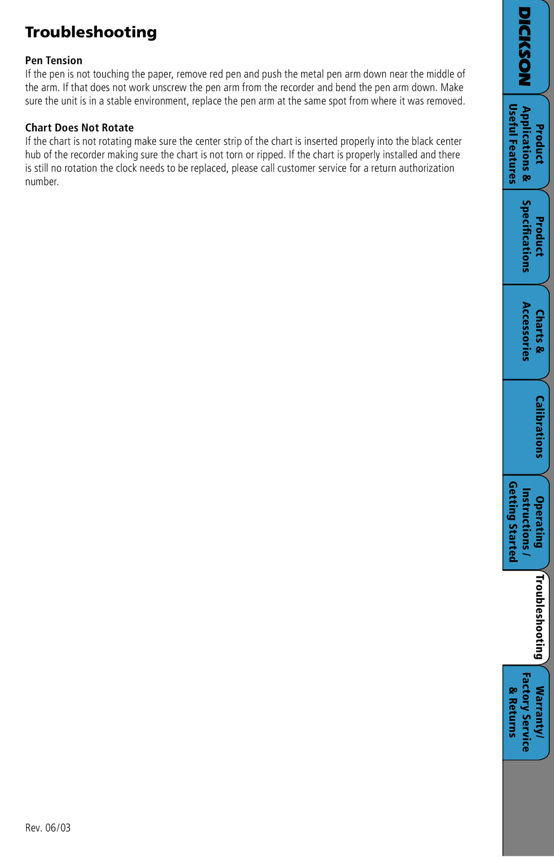 Dickson Industrial SC3 manual Troubleshooting, Pen Tension, Chart Does Not Rotate 