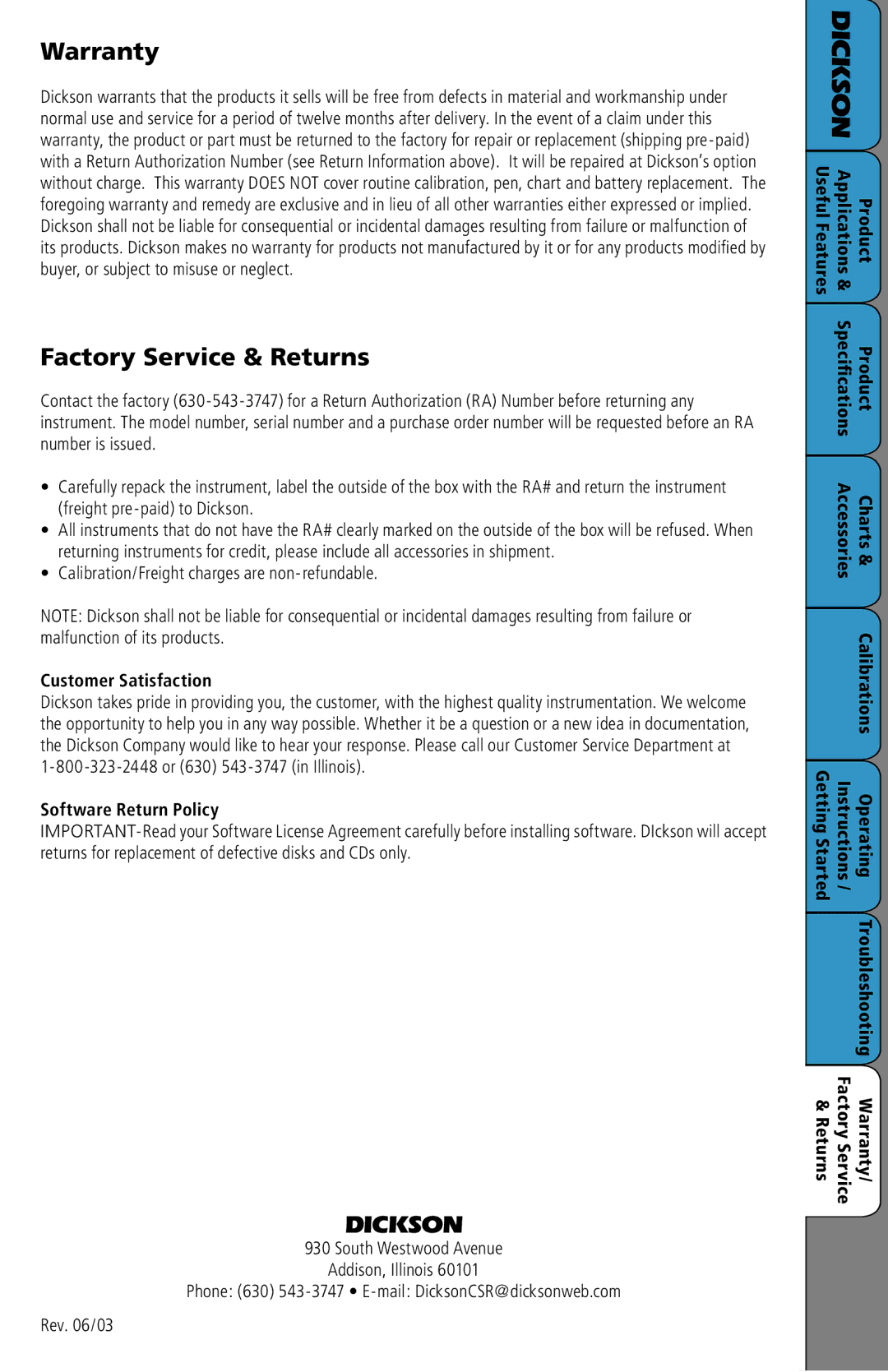 Dickson Industrial SC3 manual Warranty, Factory Service & Returns, Customer Satisfaction, Software Return Policy 